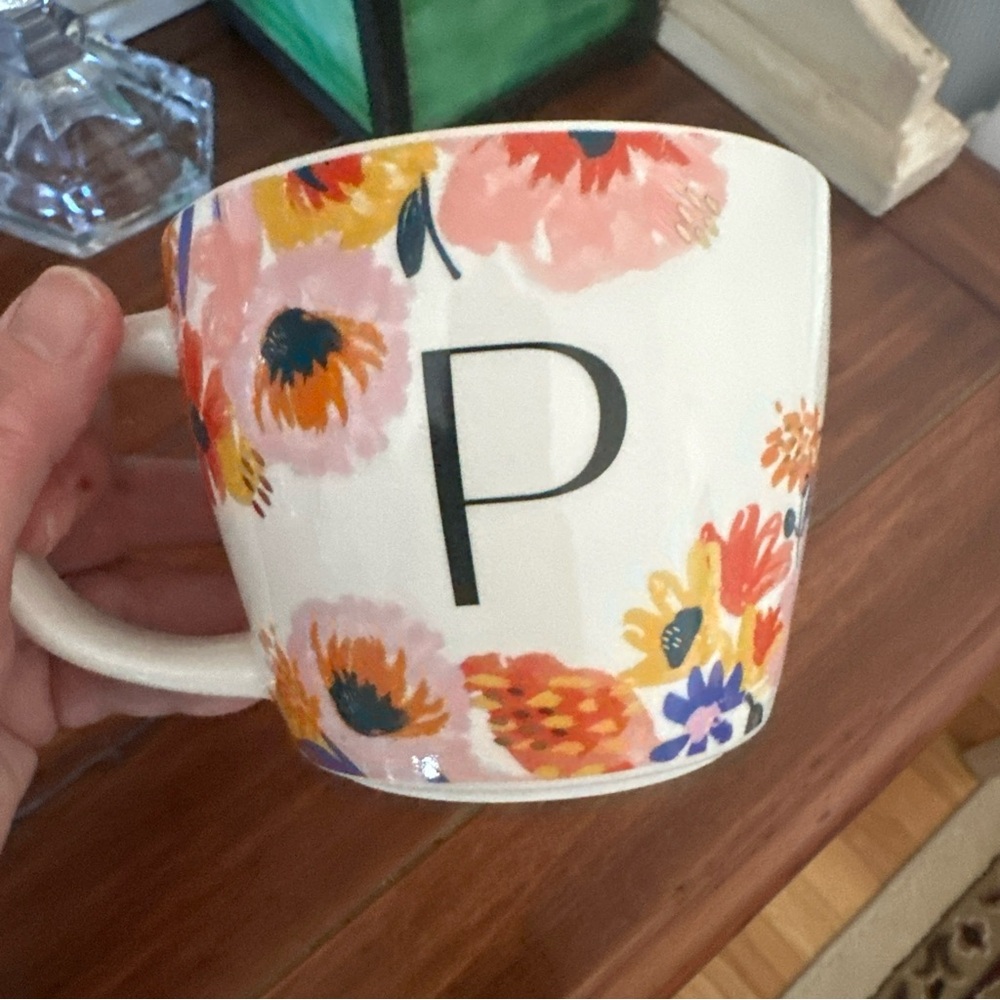 Opalhouse White and Pink Mug with Floral Design monogram with Letter P 16 ozs